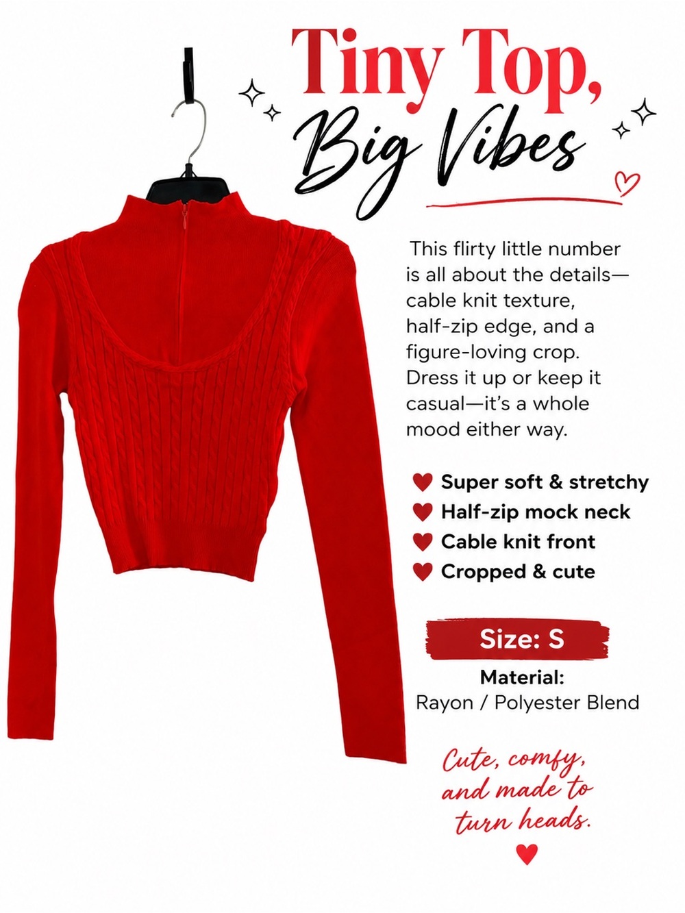 🍓Balboa Red Cable-Knit Zip-front Crop Sweater